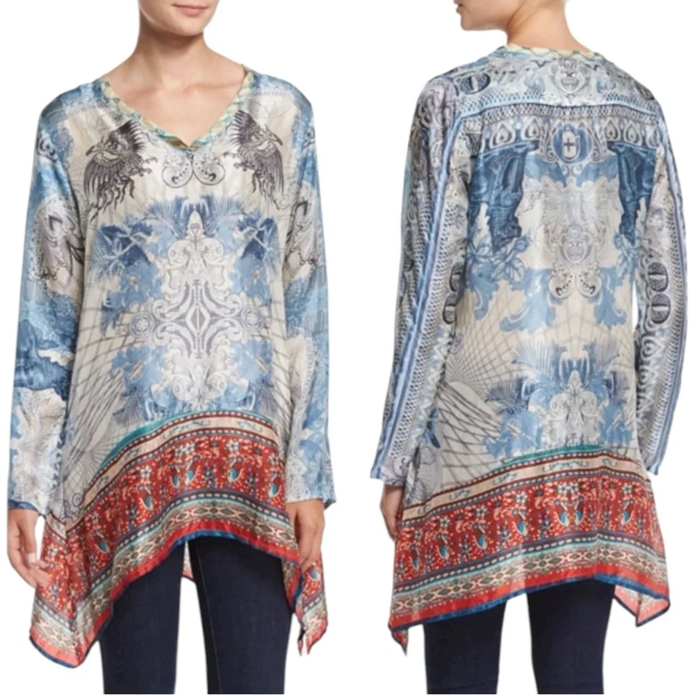 Johnny Was Bohemian Art to Wear Currency Print Silk Tunic Top Size Medium - Picture 6 of 17